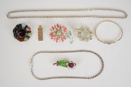 Two silver necklaces, silver bangle, silver ingot pendant (93g) and three brooches including Miracle