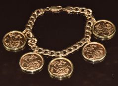 A 9ct gold curb link bracelet set with five clip mounted 2017 gold full sovereigns, 59.6g