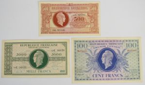 Three France 1943-44 Treasury banknotes comprising 100, 500 and 1000 Francs