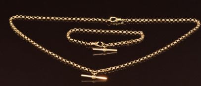 A 9ct gold necklace with T-bar pendant with matching bracelet, 10g, 44 & 17.5cm