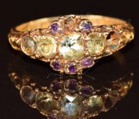 Victorian 15ct gold ring set with topaz and spinel, Birmingham 1872, 2g, size P (missing stones)
