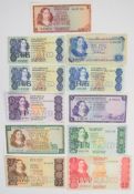 Eleven South Africa banknotes including 1, 2, 5, 10, 20 and 50 Rand, mostly signed by T.W. de