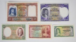 Five Spain 1931-35 banknotes comprising 5, 10, 25, 100 and 500 Pesetas