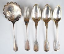 French silver cutlery comprising three table spoons, dinner fork and a serving scoop, all with