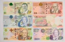 Six Bahamas 2005-10 'CRISP' Series banknotes including all denominations from $1 to $100. These