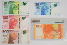 Five 2018 Hong Kong Bank of China notes, including $1000 PMG graded 65 'Gem Uncirculated'