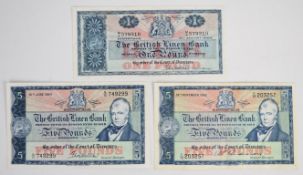 Three Scotland British Linen Bank £1 and £5 banknotes, 1962-66, the two £5 notes signed by A.P.