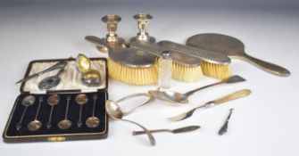 Hallmarked silver items comprising hand mirror, novelty miniature mirror, three brushes, fiddle