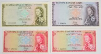 Three Malta undated (1968-69) banknotes signed P.L. Hogg comprising 10 Shillings, £1 and £5