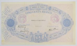 France 1939 500 Franc banknote, issued on the cusp of WW2