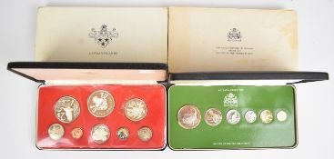 Two proof coin sets comprising Cayman Islands 1974 $5 down to one cent, the 925 silver coins