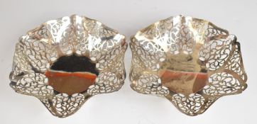 Pair of George V hallmarked silver bon bon dishes with pierced and crimped rims, Birmingham 1931,