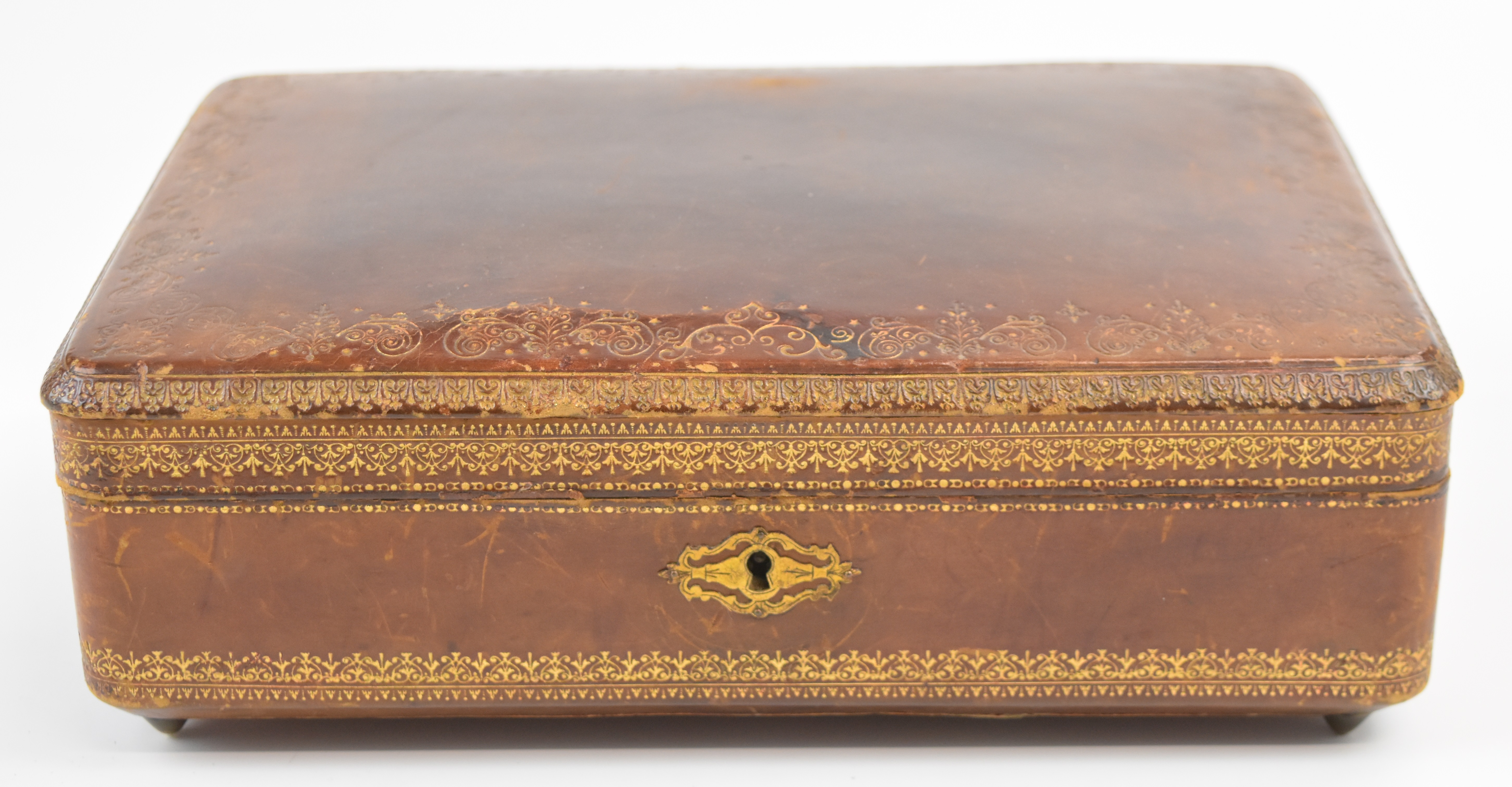A tooled leather jewellery box and a wooden box with key - Image 4 of 7