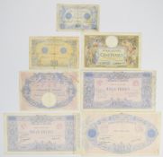 Seven France 1912-22 banknotes including high-denomination 1920 and 1925 1000 Francs notes, a 1915
