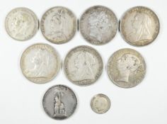 Georgian and Victorian crowns comprising 1820, 1844, 1893, 1898 and 1900, further pre 1947 silver
