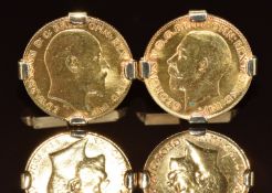 A pair of 9ct gold cufflinks each set with a gold half sovereign, 14.2g
