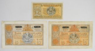 Three Bank of Scotland WW2 banknotes including £5 dated 1940 and 1944