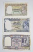 Three India George VI banknotes comprising 1937 issue 5, 10 Rupees and a 1943 (ND) issue 10