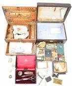 Straw work box, silver napkin rings, sewing related items, manicure set etc.