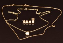 Two pairs of 9ct gold earrings, 9ct gold chain and pearl pendant on 9ct gold chain, 3.3g
