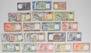 Nineteen Nepal banknotes 1951-2010 including 1951 1 and 10 Mohru notes plus 500, 1000 Rupee notes