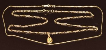 A 9ct gold pendant set with a peridot, on 9ct gold chain and another 9ct gold chain, 7.3g