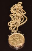 A 9ct gold pendant set with an 1885 gold full sovereign, on 9ct gold rope twist necklace, 11.9g