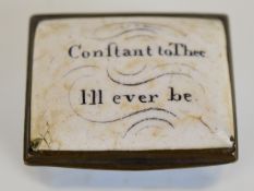 Bilston enamel box with motto to lid 'Constant to thee I'll ever be', length 3.5cm