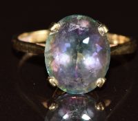 A 9ct gold ring set with an oval cut mystic topaz, 3g, size K
