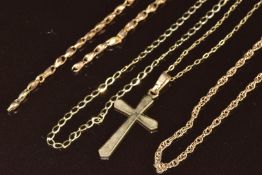 Three 9ct gold chains, 9ct gold cross pendant and a section of 9ct gold chain, 8.8g