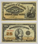Two Dominion of Canada 25 Cents 'shinplaster' banknotes dated 1900 and 1923, issued due to a