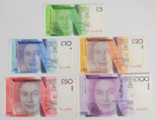Five Gibraltar 2010 issue banknotes comprising £5, £10, £20, £50 and £100