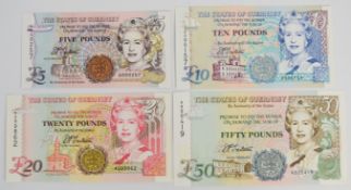 Four Guernsey 1994-96 issue banknotes signed by D.P. Trestain, including £5 and £10 with very low