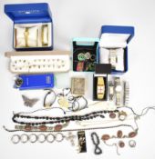 A collection of jewellery including white metal suite of jewellery, silver bracelet, Rotary watches,