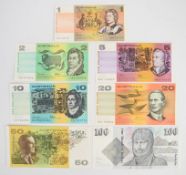 Seven Australia 1983-94 banknotes including all denominations from $1 to $100, the $20 and $50