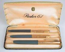 Parker 61 pen set comprising fountain pen, ballpoint pen and propelling pencil, in fitted case.