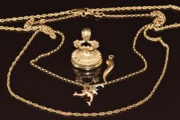 Two 9ct gold chains, 9ct gold chilli pendant, 9ct gold dolphin pendant (6.9g) and a 9ct gold seal (