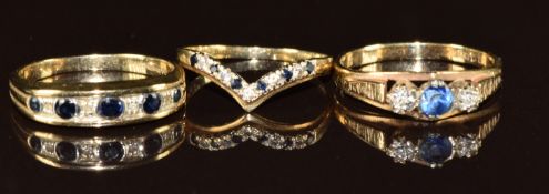Three 9ct gold rings set with sapphires and diamonds, 5.7g, size L & P