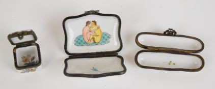 Three French enamel boxes, one marked Palais Royale with boy fishing to front, another with cockerel