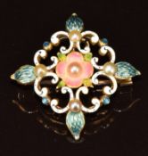 Art Nouveau gold pendant / brooch set with enamel and pearls, 4.8g, 2.5cm