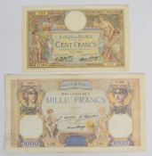 Two France 1923-27 issue banknotes comprising 100 and 1000 Francs