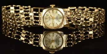 Bentima 9ct gold ladies wristwatch with gold hands and hour markers, silver dial and quartz