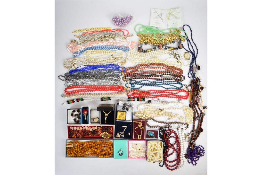 A collection of costume jewellery including beaded necklaces, pearl earrings, pheasant brooch, - Image 1 of 9