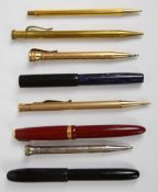 Eight fountain pens and propelling pencils including Parker Duofold, Mabie Todd & Co Blackbird,