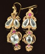 A pair of Victorian yellow metal filigree earrings set with paste and pink sapphires, 10.6g, 5.8cm