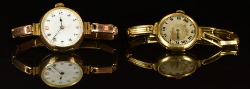 Two gold ladies wristwatches one 18ct with Roman numerals and silver dial, on 18ct gold expanding