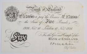 Bank of England 1926 C.P. Mahon white £5 banknote, London, 10th Nov. 1926