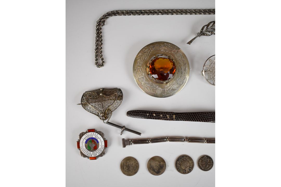 A collection of silver and white metal jewellery including watch with enamel dial, agate brooch, - Image 2 of 4