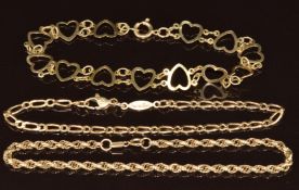 Three 9ct gold bracelets including rope twist, heart link and curb link, 9.2g