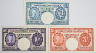 Jamaica 1955 King George VI 5 Shillings, 10 Shillings and £1 banknotes